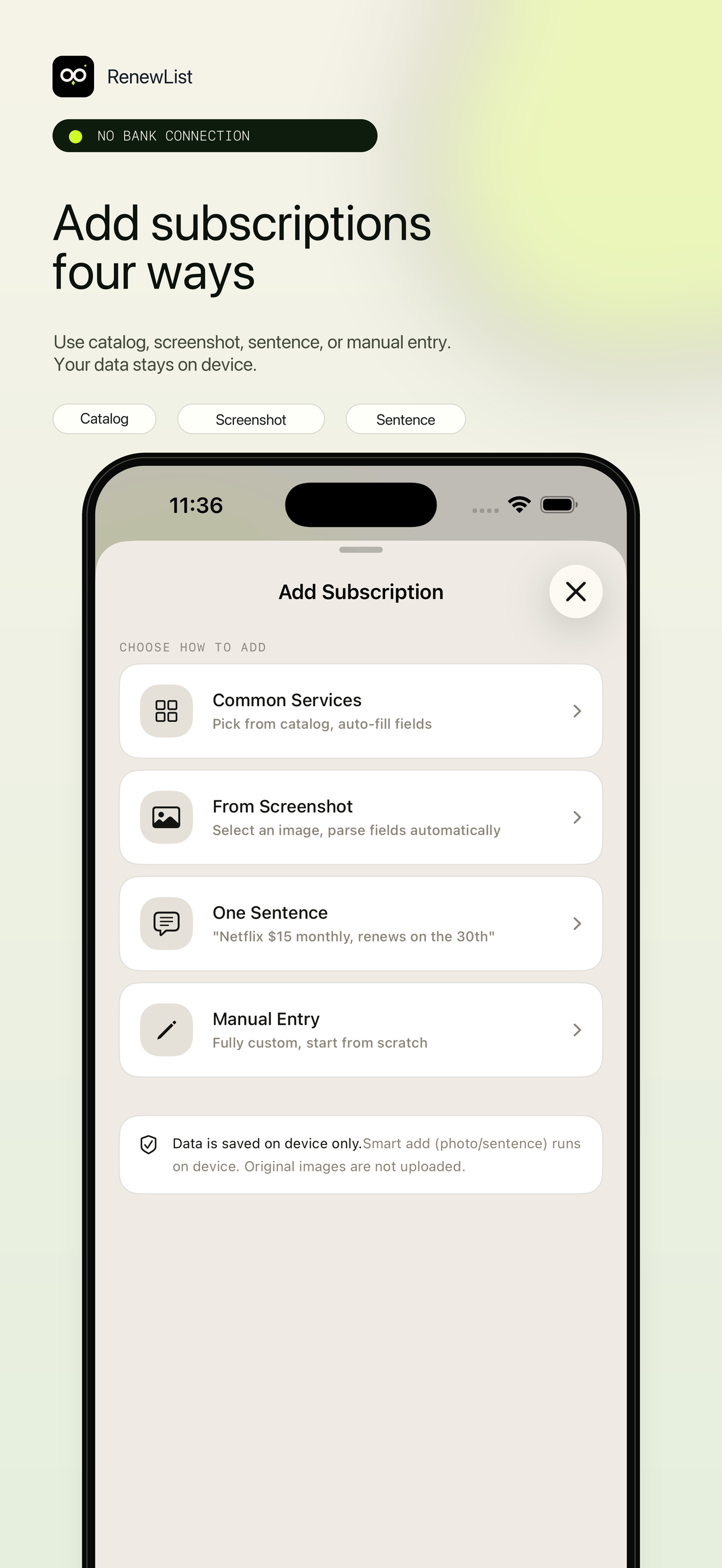 RenewList marketing screenshot for the add subscription flow.